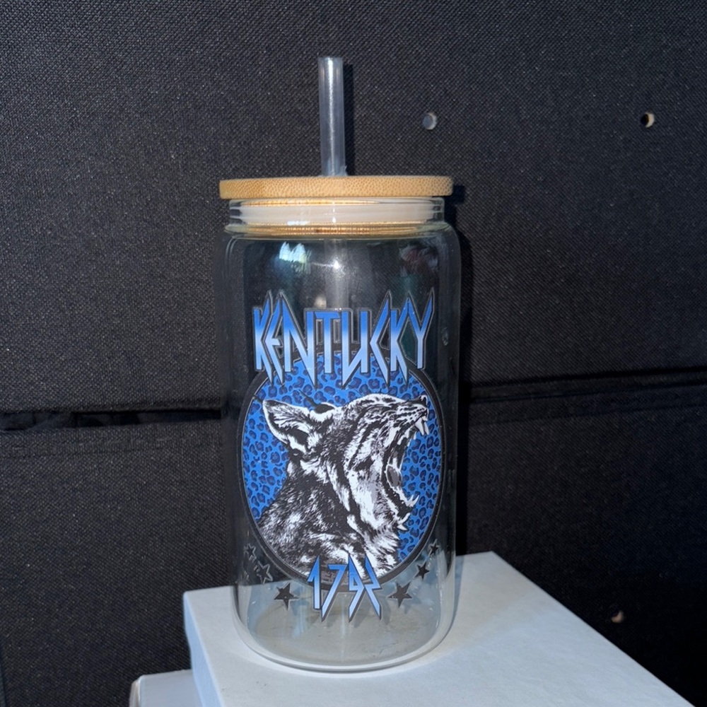 Glass Tumbler with Bamboo Lid and Straw - Blue Design